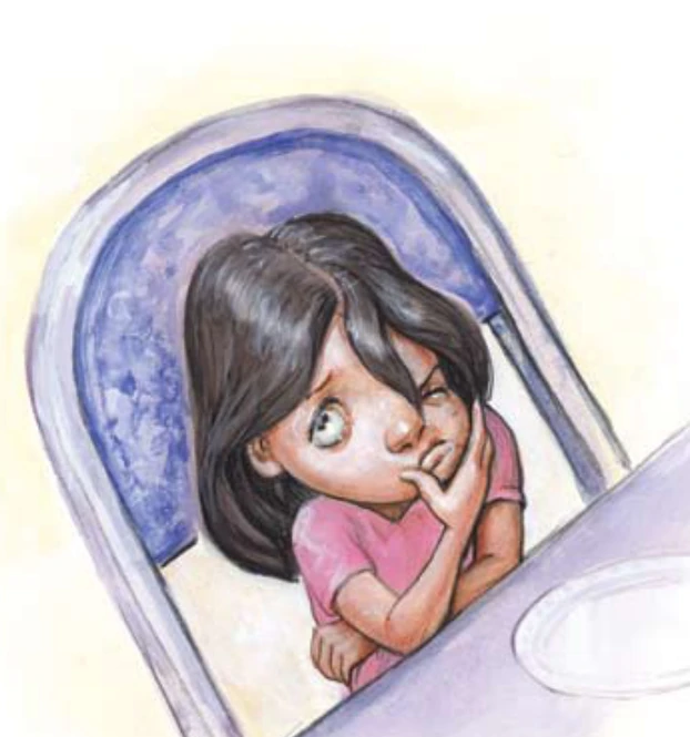 Sophie considers a question at the table in Flour Girl.