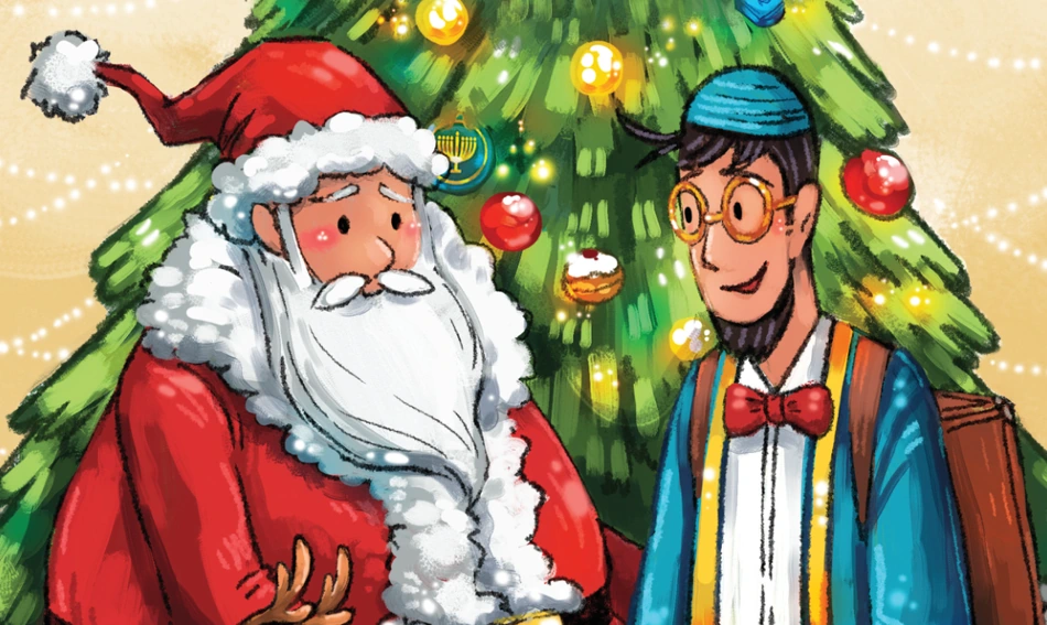 Hanukkah Harvie and Santa Claus smiling together.