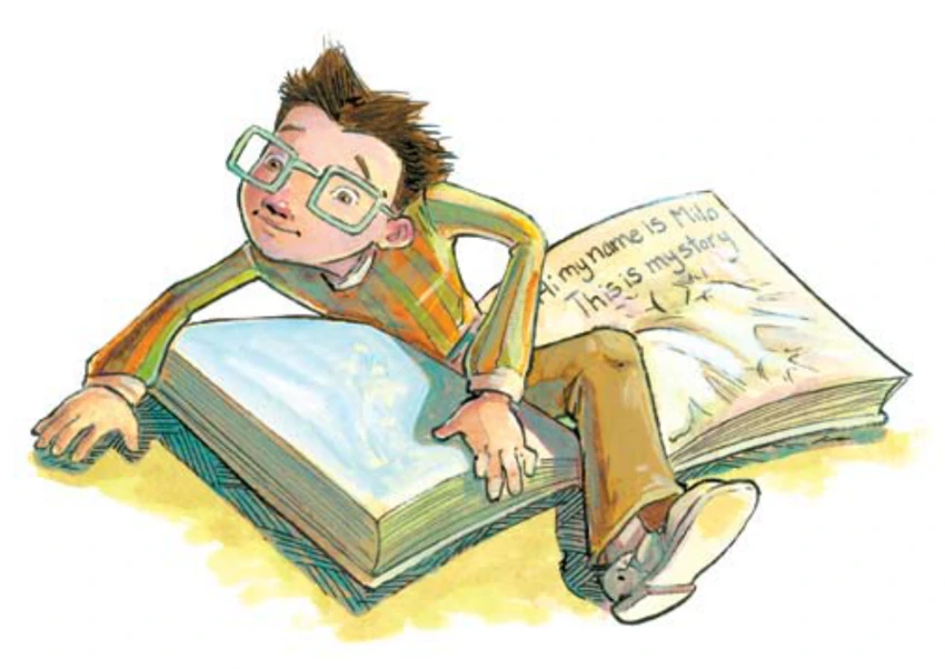 Milo leans out of an open book.